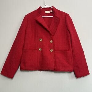 Chico’s Double breasted Tweed blazer jacket fringe gold buttons Women's Sz M Red